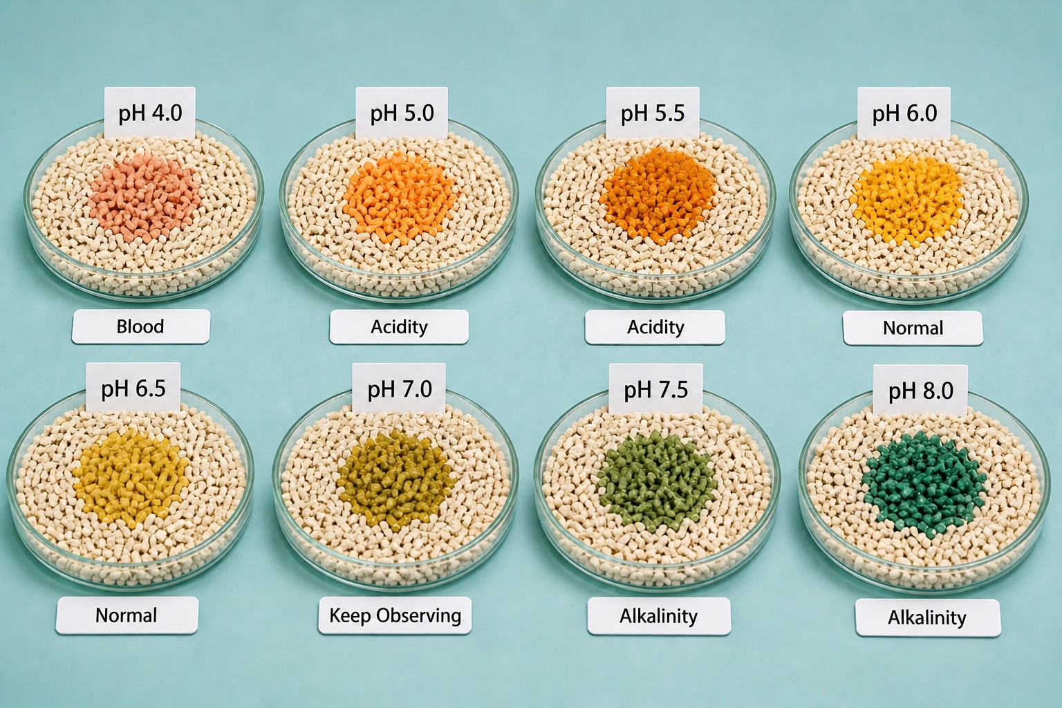 Health monitoring cat litter color chart: pH 4.0 to 8.0 indicator granule reactions in petri dishes, from acidic pink-orange to alkaline dark teal