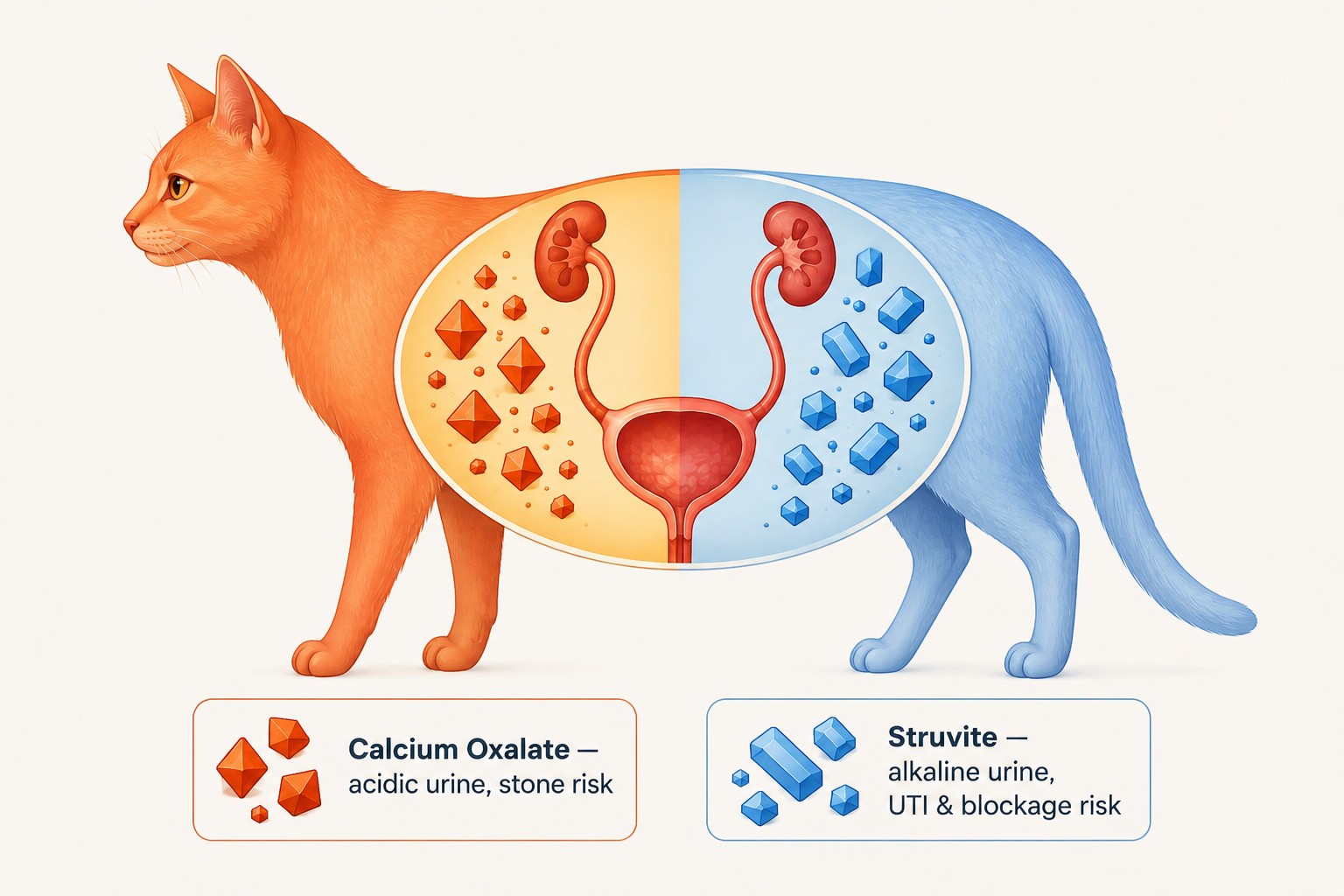 Feline urinary health guide: calcium oxalate crystals form in acidic urine, struvite crystals form in alkaline urine — the two conditions health monitoring litter screens for